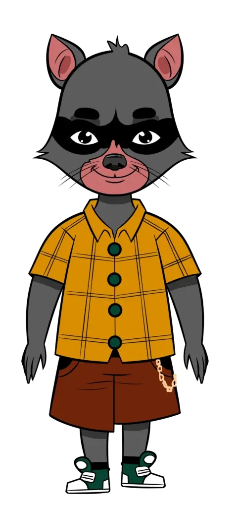 Basilio the raccoon character from Colombia in The Cats and The Coons teaching curiosity, independence, adventure, and growth